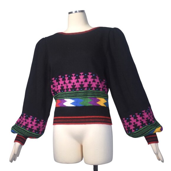 Vintage 80s Balloon Sleeve Knit Sweater Geometric Pattern S M - Picture 3 of 8